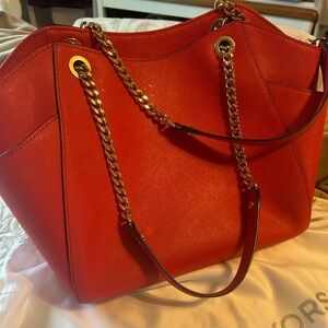 Red Saffiano Chain-Handle Tote Bag